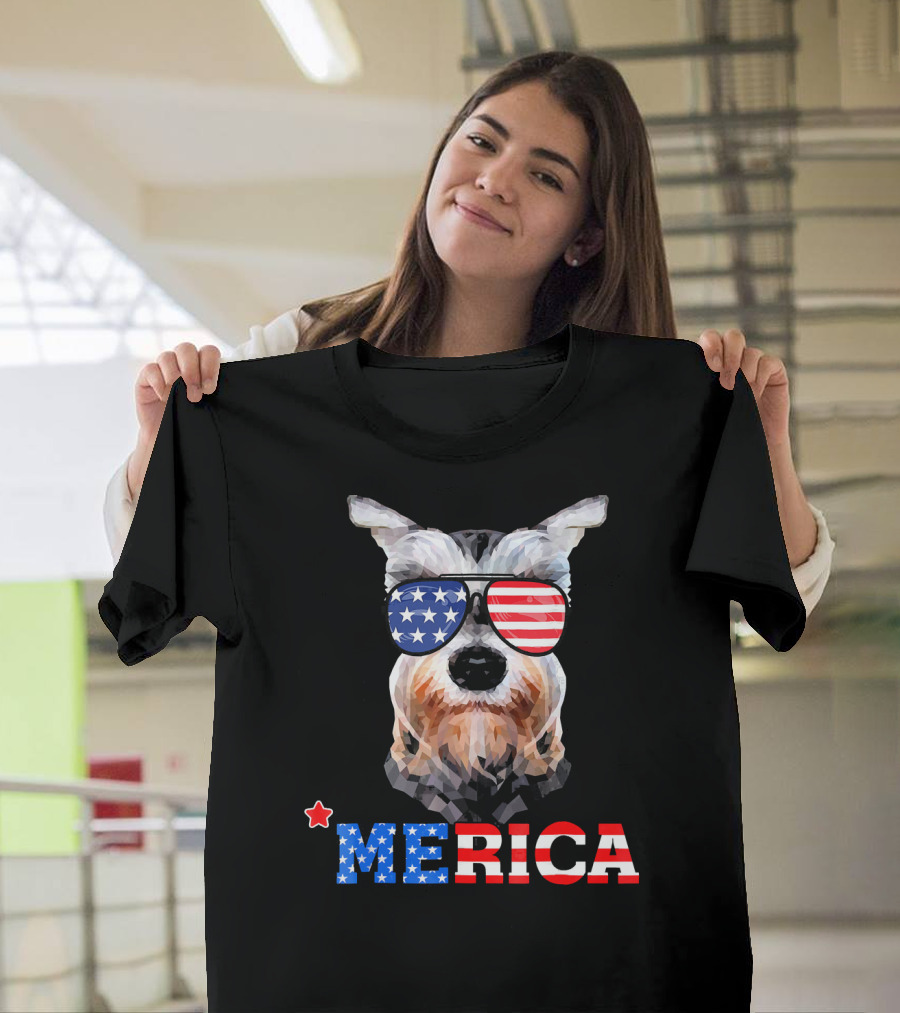 MERICA Funny Miniature Schnauzer with American Flag Sunglasses T-Shirt