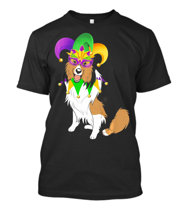 Shetland Sheepdog Wearing Mardi Gras Jester Mask And Hat T-Shirt