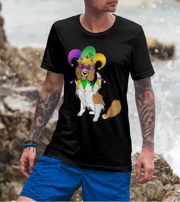 Shetland Sheepdog Wearing Mardi Gras Jester Mask And Hat T-Shirt