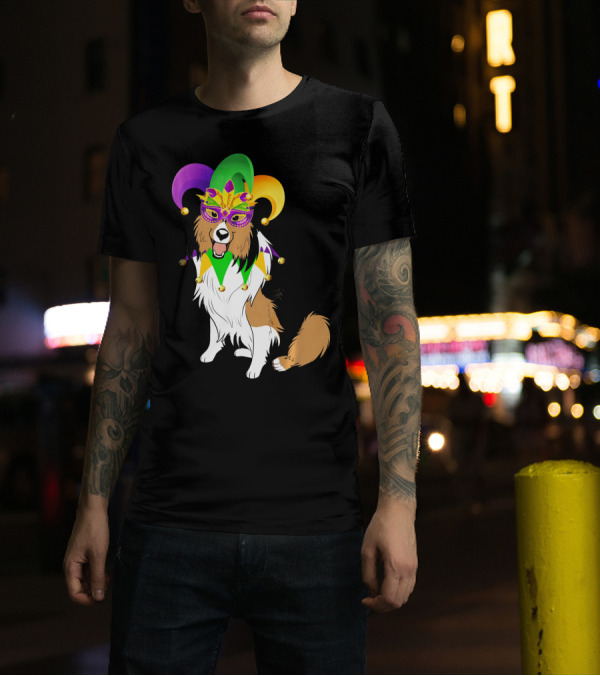 Shetland Sheepdog Wearing Mardi Gras Jester Mask And Hat T-Shirt