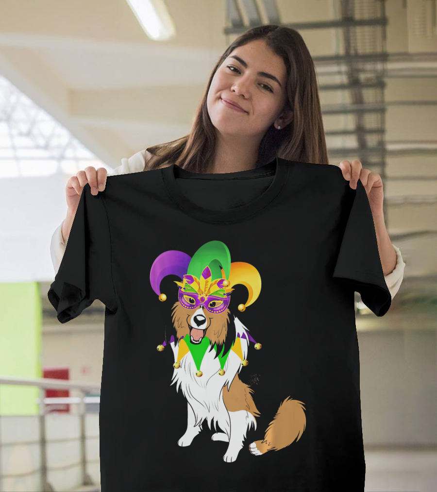 Shetland Sheepdog Wearing Mardi Gras Jester Mask and Hat T-Shirt