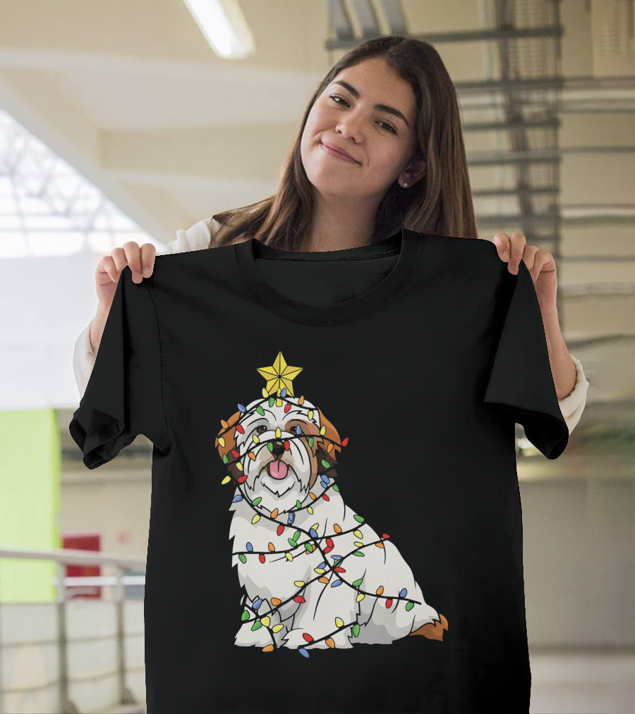 Xmas Tree Lhasa Apso Dog Lover Wrapped in Christmas Lights T-Shirt