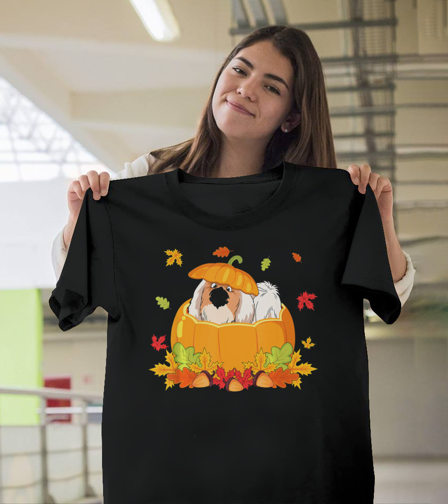 Thanksgiving Pekingese Inside Pumpkin with Autumn Leaves T-Shirt