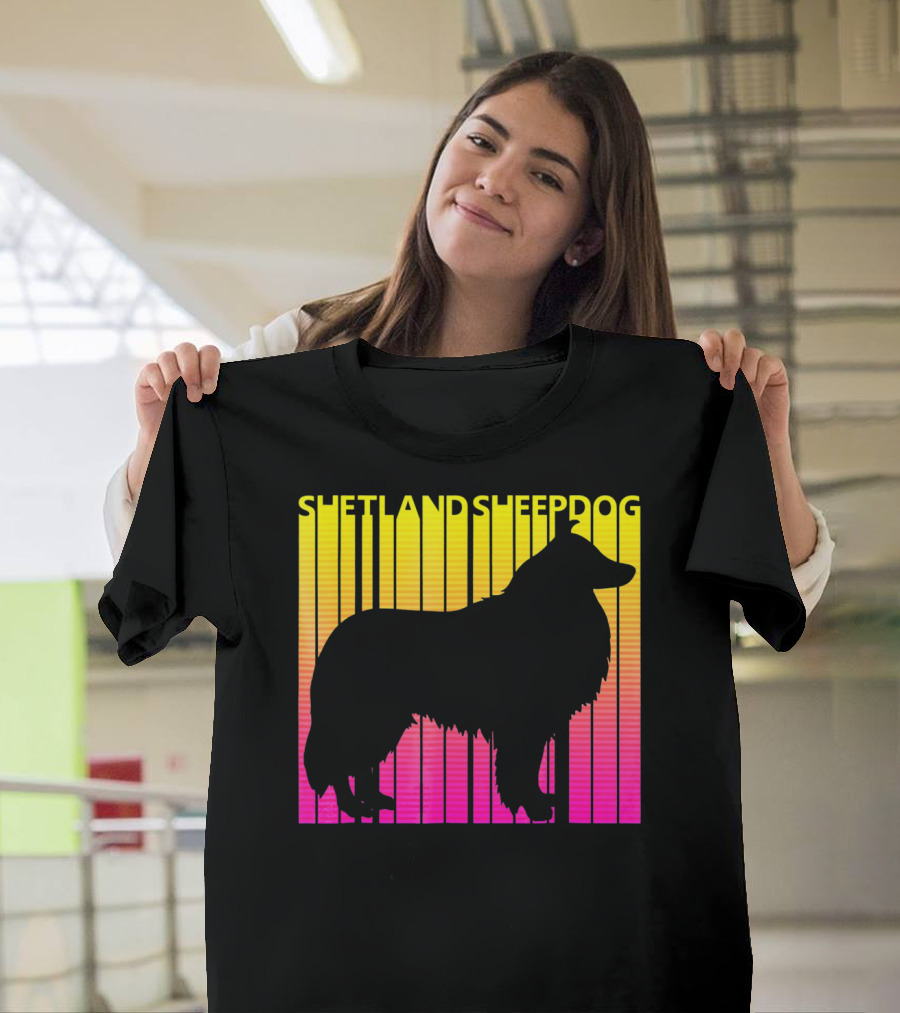 Shetland Sheepdog Silhouette with Retro Gradient Stripes T-Shirt