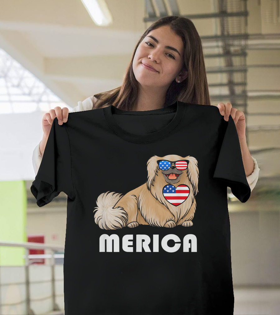 Pekingese American Flag Sunglasses Heart Merica 4th of July T-Shirt