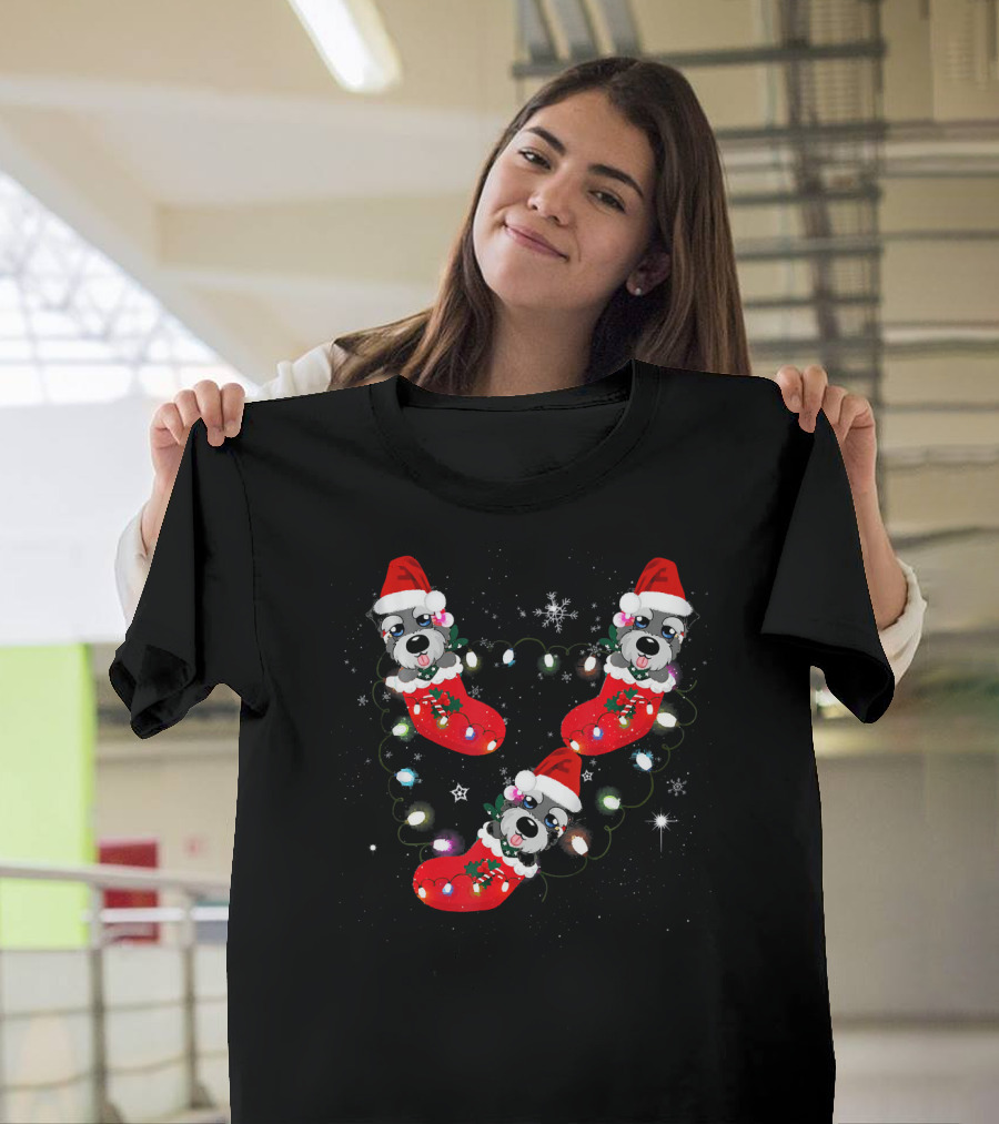 Three Schnauzer Santa Stockings with Christmas Lights and Snowflakes T-Shirt