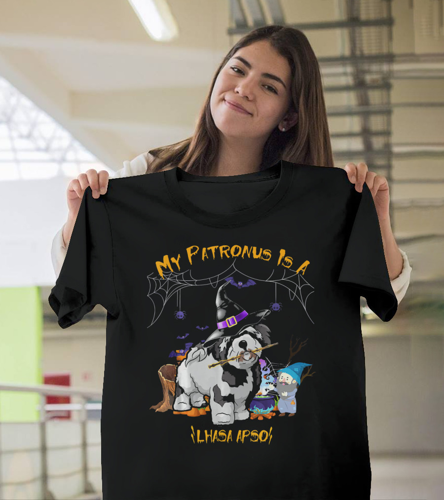 My Patronus Is A Lhasa Apso Halloween Dog Witch Hat Bats Spiders Cauldron T-Shirt