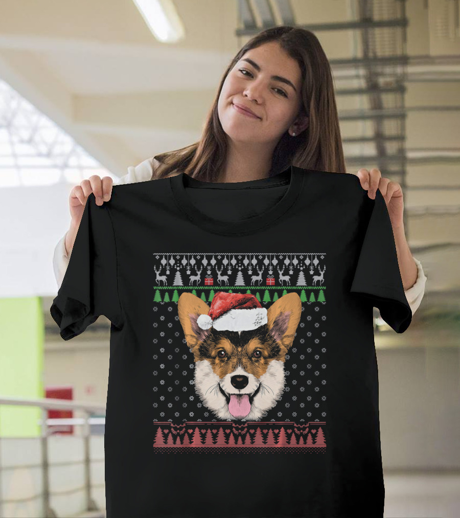 Welsh Corgi Dog Santa Hat Ugly Christmas T-Shirt