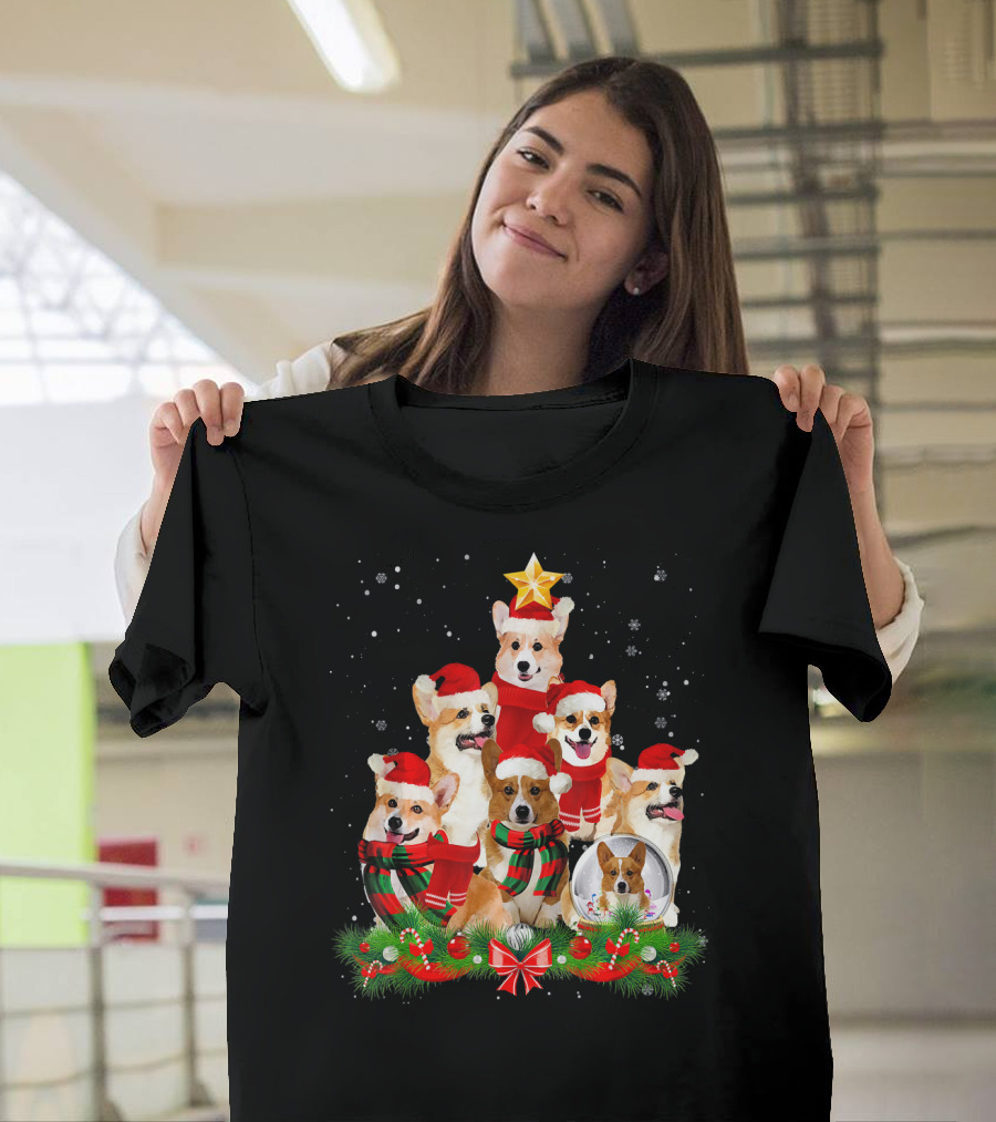 Welsh Corgi Christmas Tree with Santa Hats and Festive Decorations T-Shirt