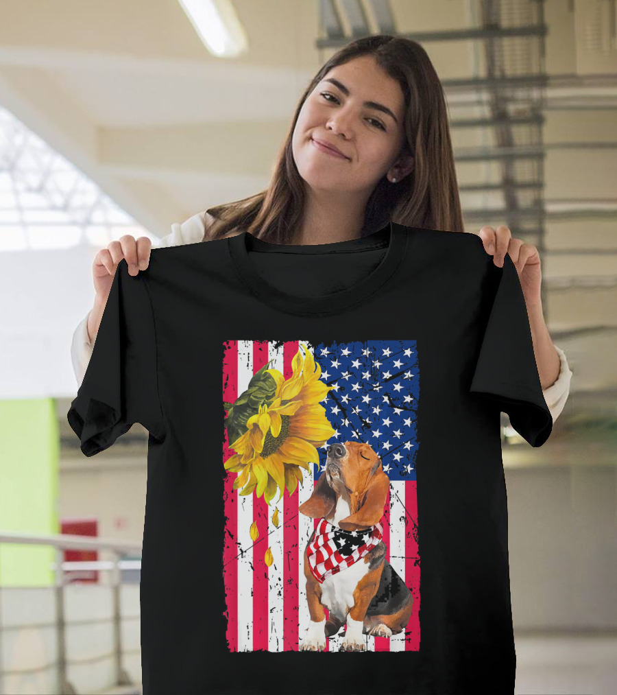 Basset Hound Wearing American Flag Bandana with Sunflower on Patriotic Stripes and Stars Background T-Shirt
