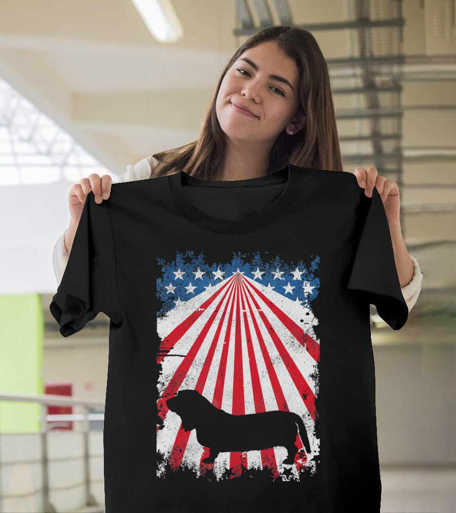 Basset Hound Silhouette with American Flag T-Shirt