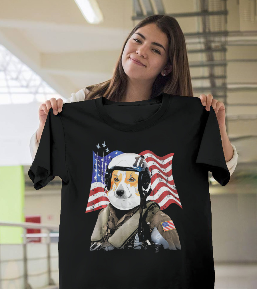 Patriotic Corgi Pilot with American Flag and Jet Fighter Stryker T-Shirt