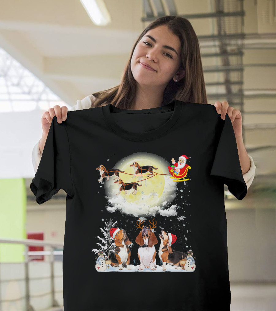 Basset Hound Christmas Santa Sleigh with Moon and Snowmen T-Shirt