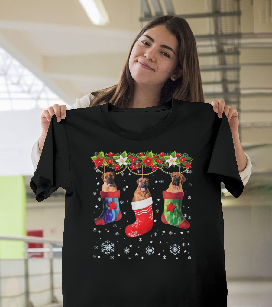 Three Bullmastiff Dogs in Christmas Stockings with Festive Holly and Snowflakes T-Shirt