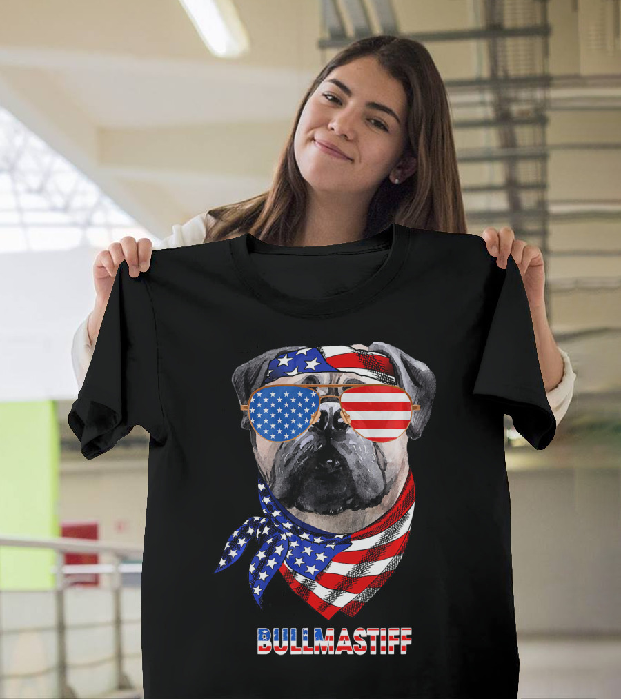 Bullmastiff Dog with American Flag Bandana and Sunglasses T-Shirt