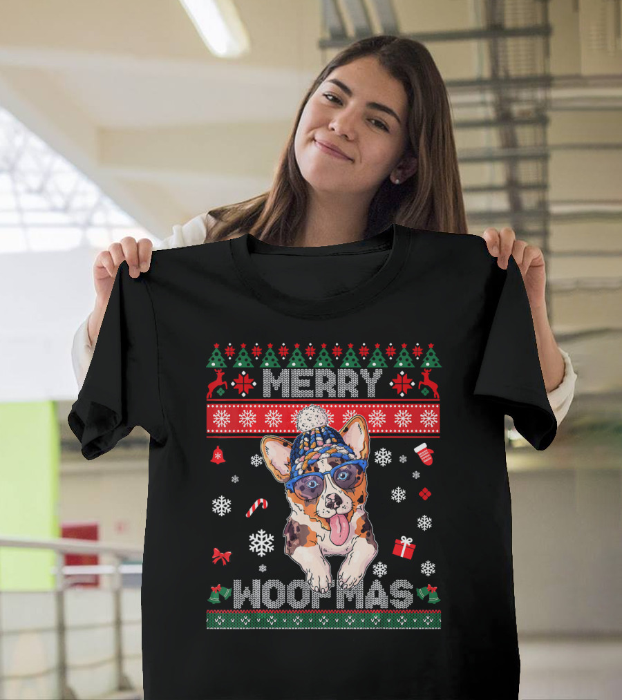 Merry Woofmas Puppy Corgi in Festive Holiday Sweater Hat and Sunglasses T-Shirt