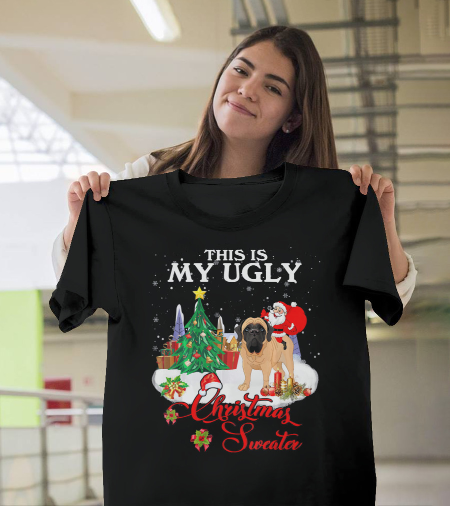 This Is My Ugly Christmas Sweater Santa Riding English Mastiff T-Shirt