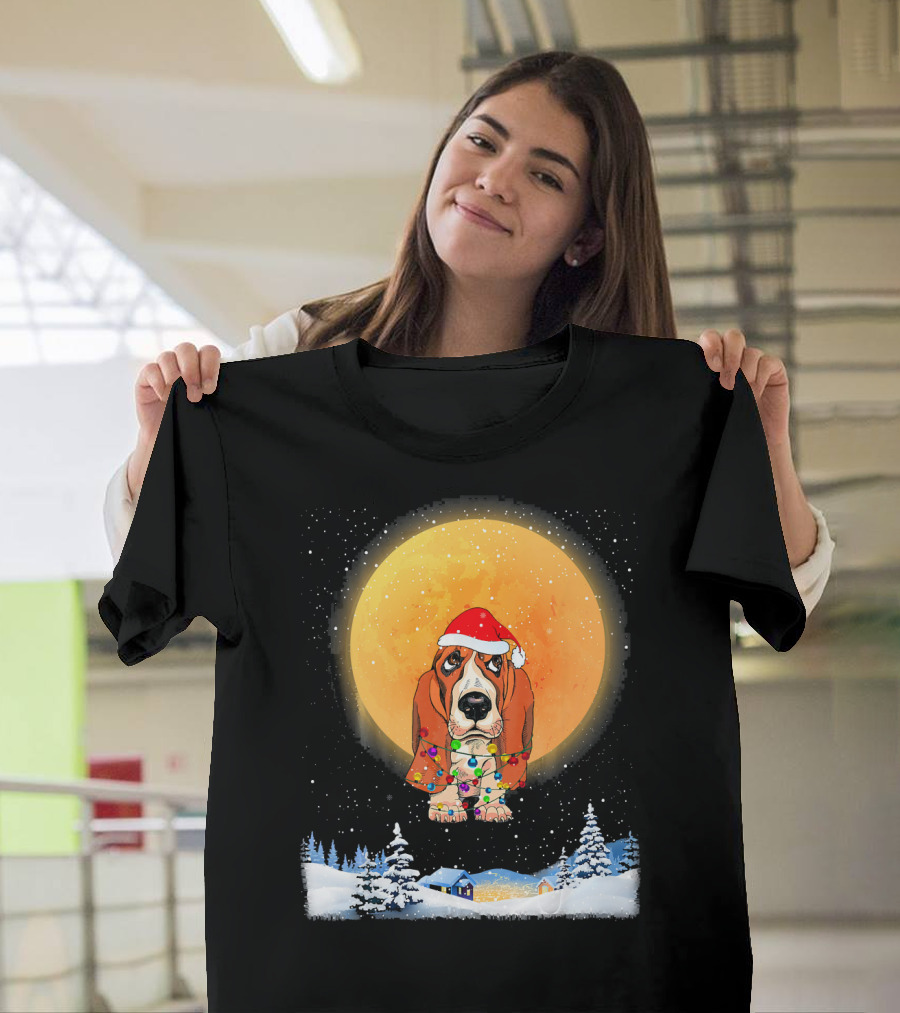 Basset Hound Christmas Santa Hat Winter Moon Snow Scene T-Shirt