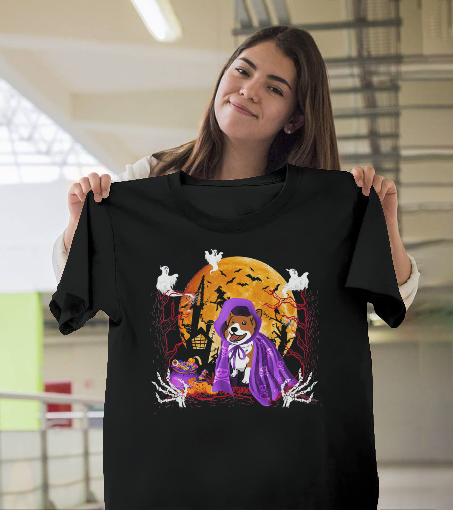 Welsh Corgi Dog in Purple Cloak with Ghosts and Full Moon Halloween Scene T-Shirt