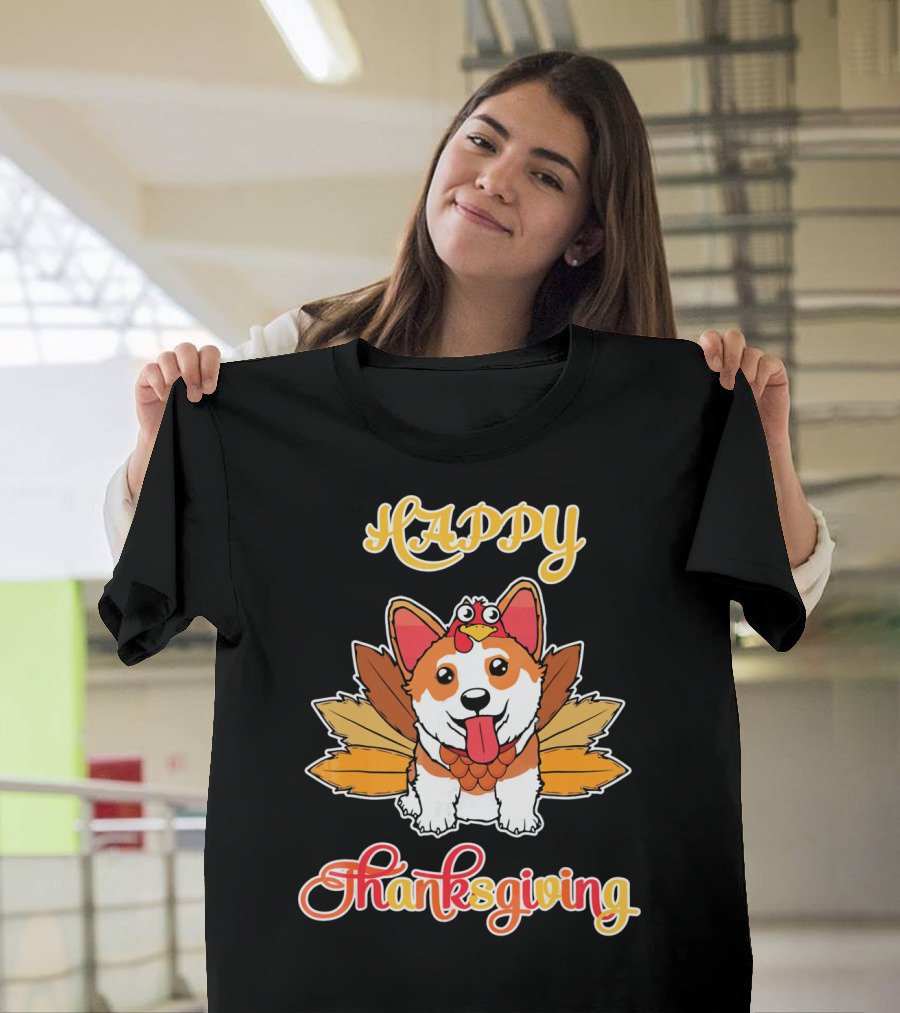 Happy Thanksgiving Turkey Pilgrim Ride Corgi Dog T-Shirt