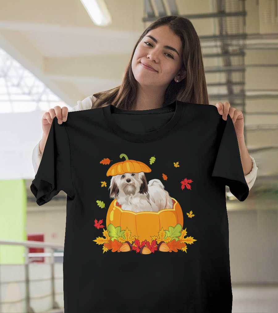 Thanksgiving Havanese Dog in Pumpkin with Autumn Leaves T-Shirt