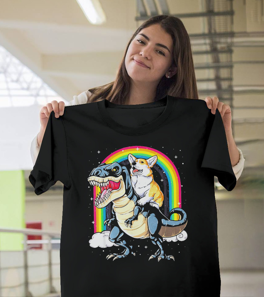 Corgi Riding T-Rex Dinosaur Rainbow Adventure T-Shirt