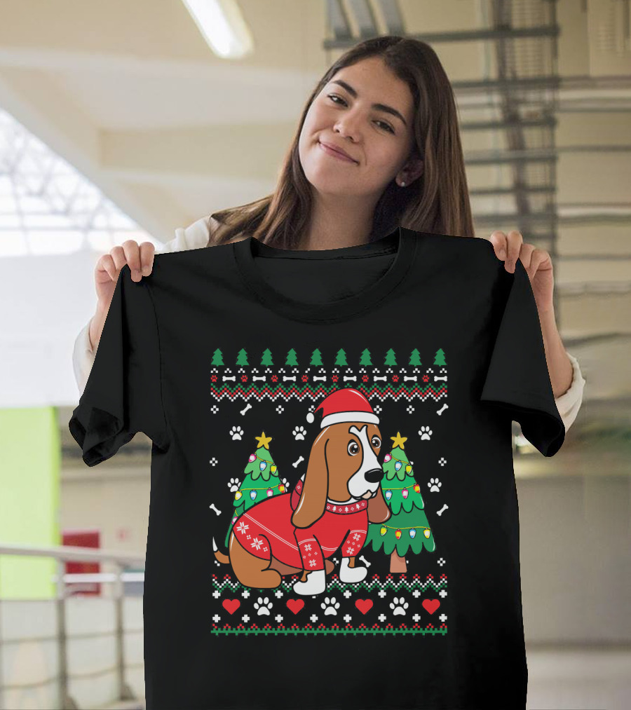 Basset Hound Christmas Ornament Tree with Festive Sweater and Santa Hat T-Shirt