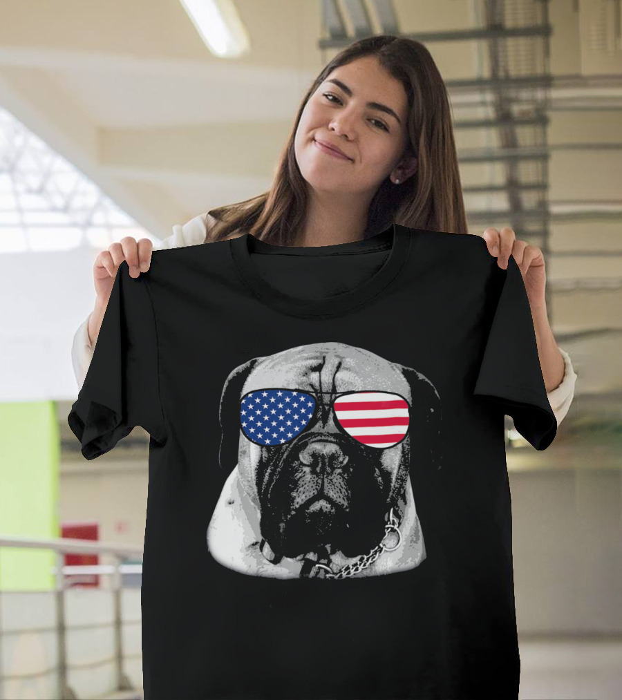 Bullmastiff Dog Wearing American Flag Sunglasses Merica T-Shirt