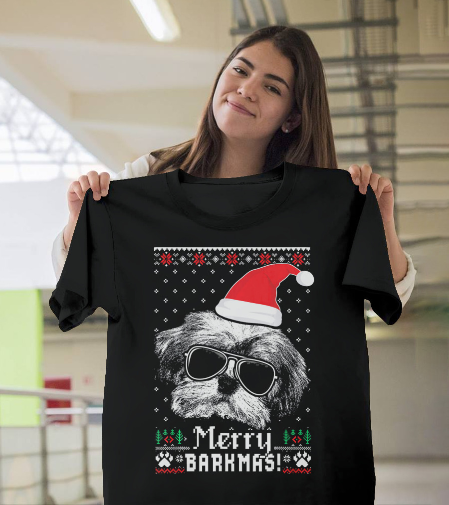 Havanese Merry Barkmas Santa Hat Ugly Sweater Style Holiday Dog Sunglasses T-Shirt