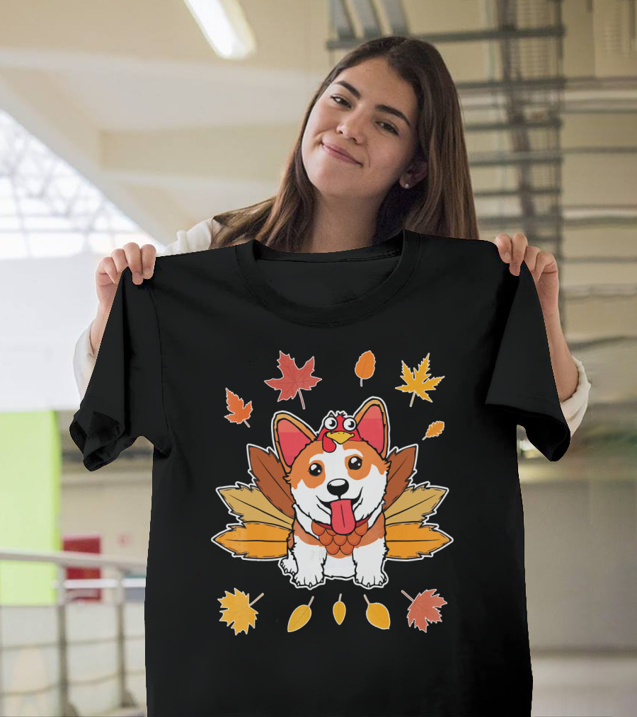 Turkey Pilgrim Corgi with Colorful Autumn Leaves T-Shirt