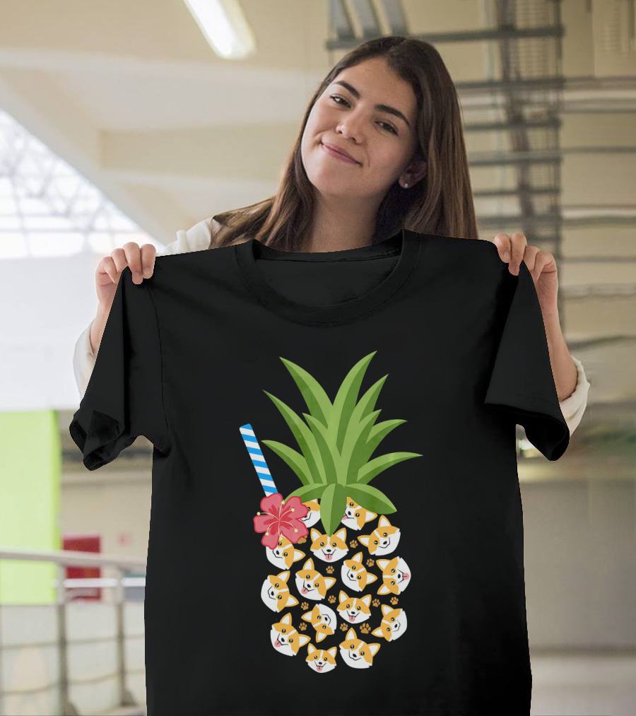Pineapple Corgi Hawaiian Tropica with Hibiscus and Stripe Straw T-Shirt