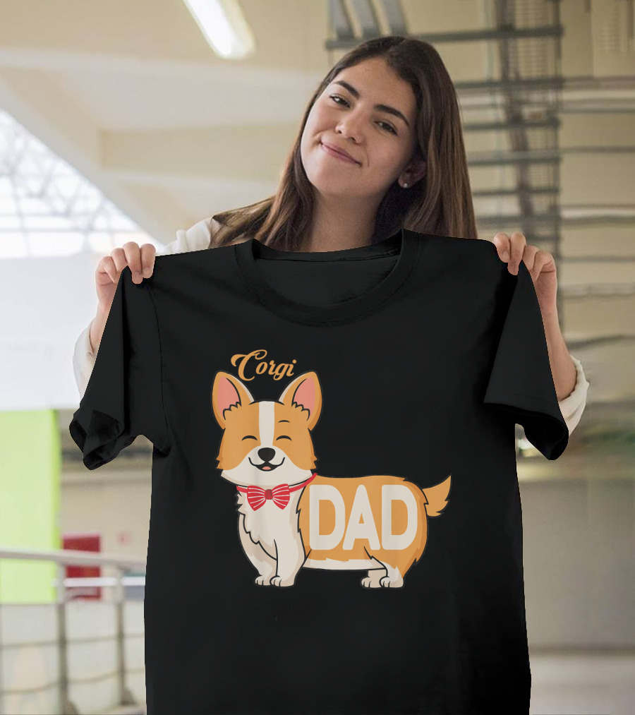 Corgi Dad Mens Cute Cartoon with Bow Tie T-Shirt