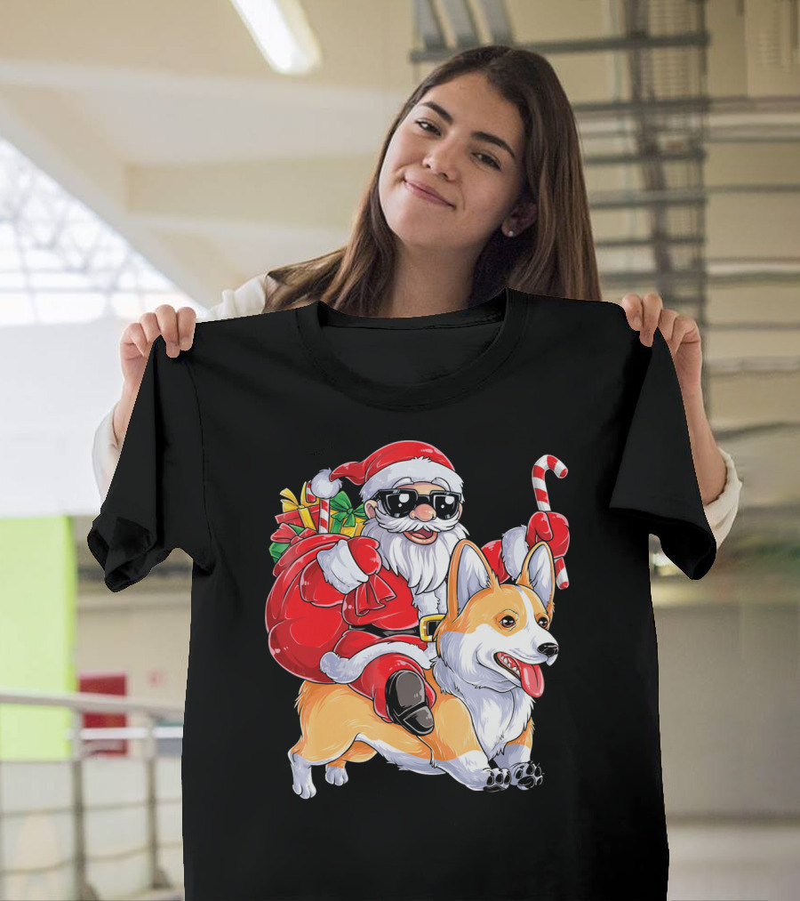 Santa Claus Riding Corgi with Candy Cane and Gift Bag T-Shirt