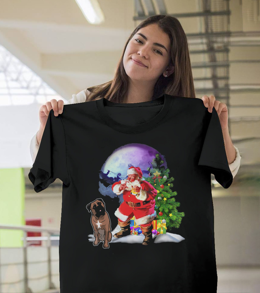 Bullmastiff Santa Pine Xmas Family Moon Sleigh T-Shirt