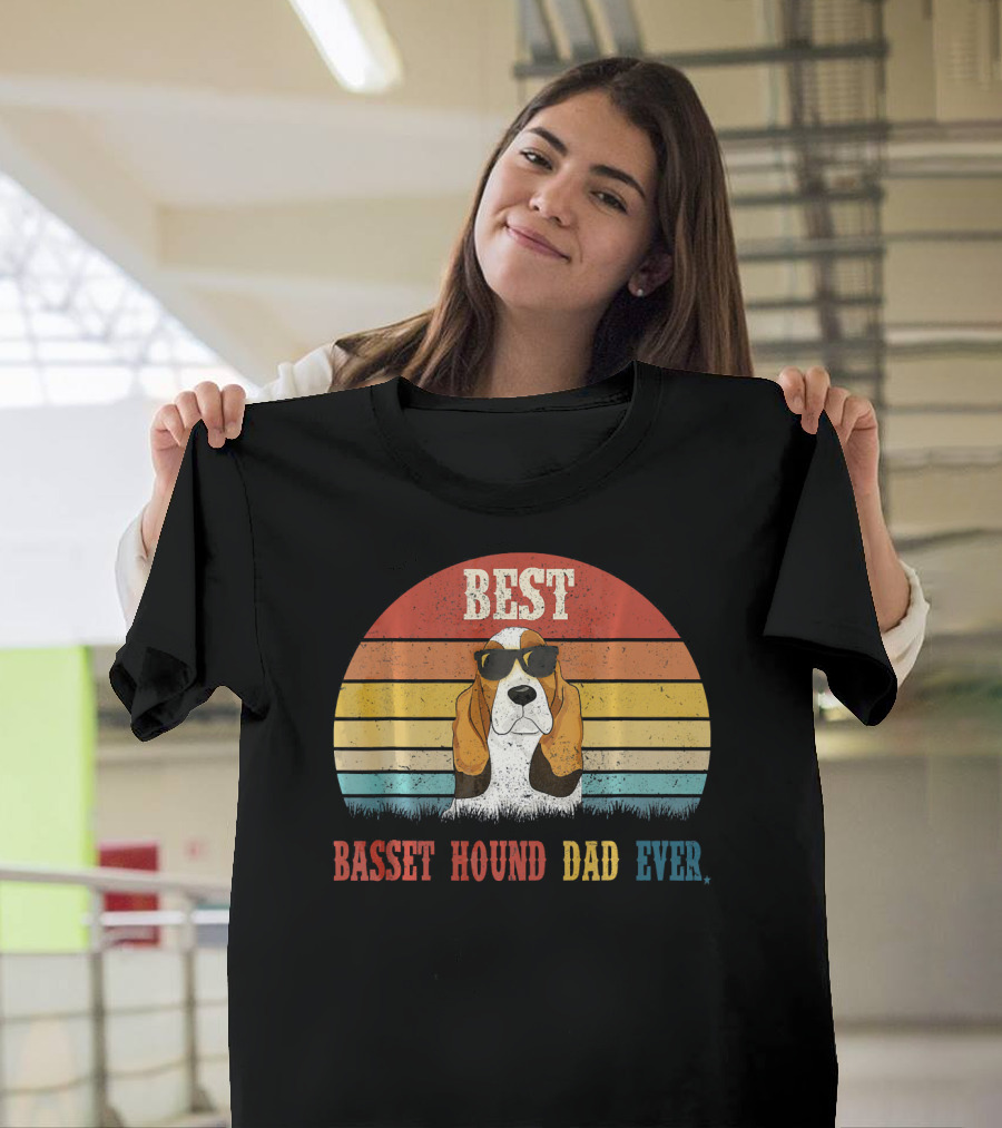 Best Basset Hound Dad Ever Retro Sunglasses Dog Sunset Stripes T-Shirt