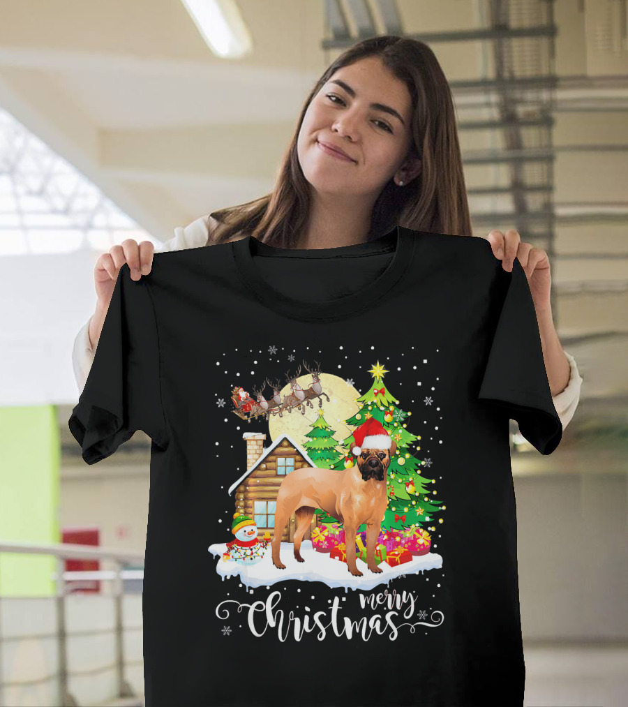 BullMastiff Merry Christmas Cabin Scene Snowman Sleigh T-Shirt