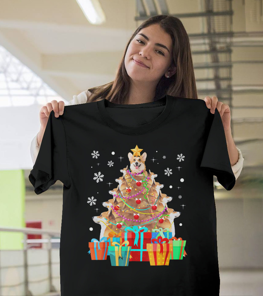 Cute Corgi Christmas Tree with Presents and Snowflakes T-Shirt