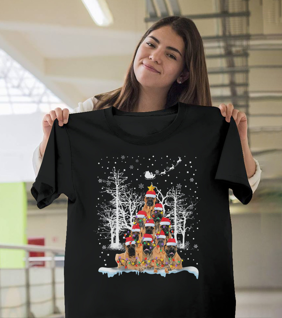 BullMastiff Christmas Tree Santa Sleigh Dog Lovers Holiday Scene T-Shirt