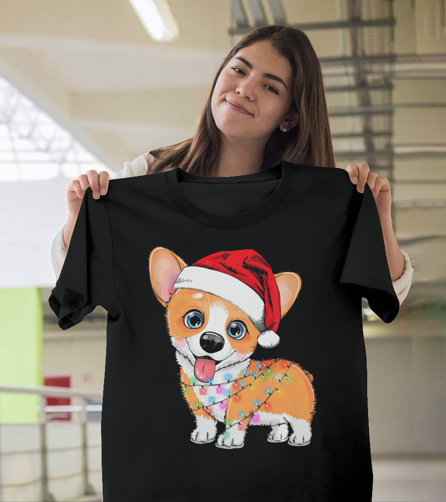 Corgi Christmas Light Funny Dog Santa Hat Love T-Shirt