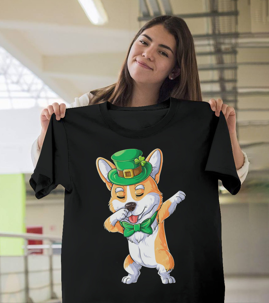 Dabbing Corgi St Patricks Day Bow Tie Green Hat Shamrock T-Shirt