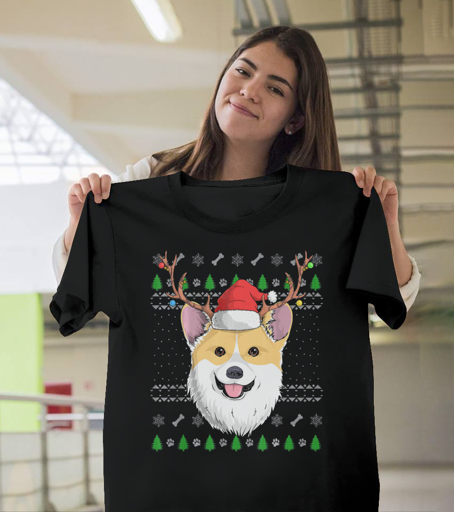 Corgi Dog Antlers Santa Claus Hat Christmas Trees Snowflakes Paw Prints T-Shirt