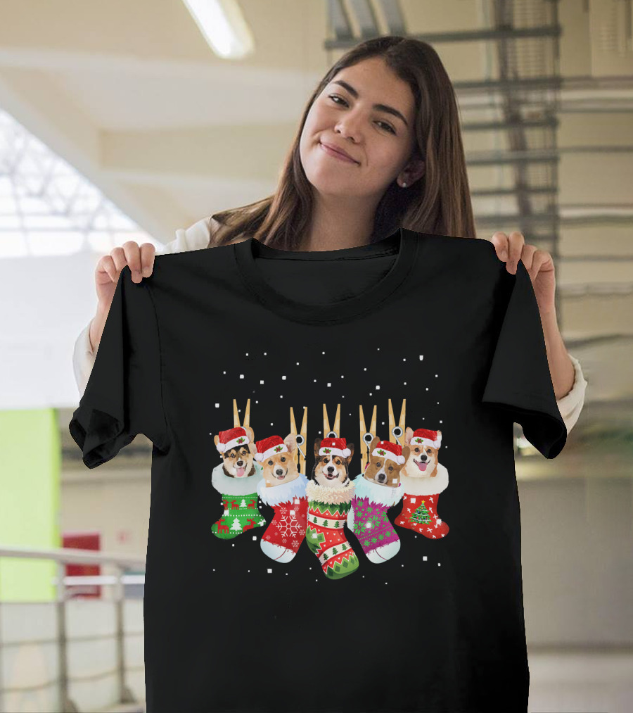 Christmas Corgi Stockings Santa Hats Snowflakes T-Shirt