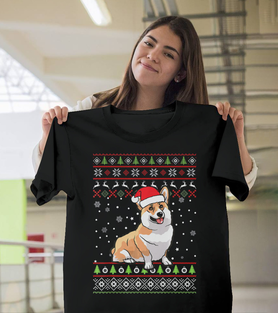 Corgi Christmas Santa Hat Ugly Sweater Pattern Family Group T-Shirt