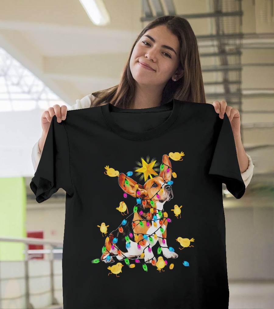 Basset Hound Star Wrapped in Colorful Lights with Nice Dog Surrounded by Yellow Chicks T-Shirt