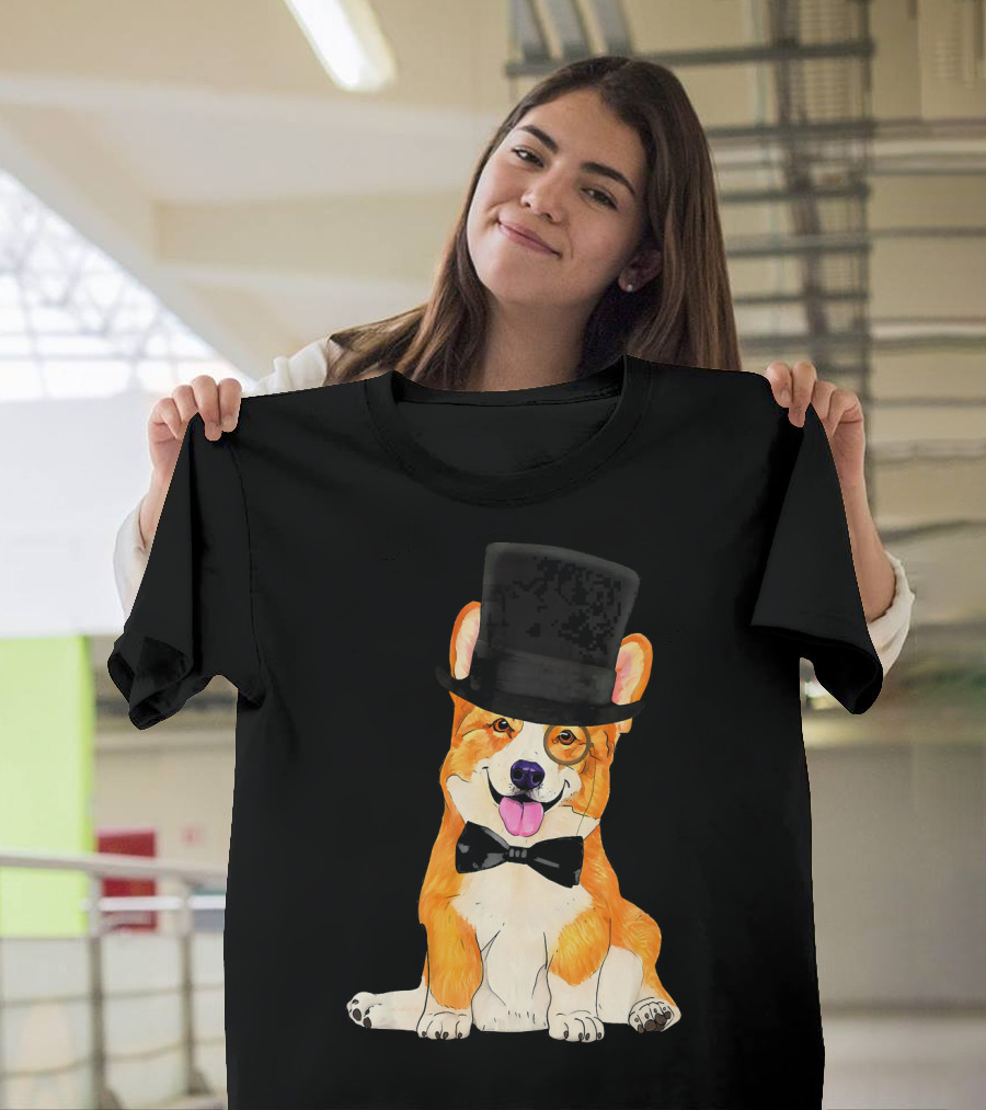 Corgi Wearing Top Hat Monocle and Bow Tie T-Shirt