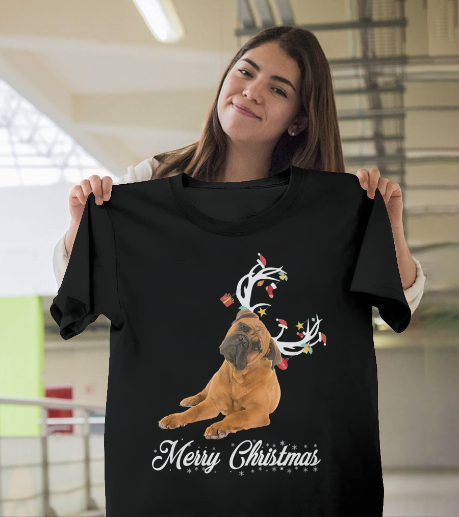 Bullmastiff with Reindeer Antlers Merry Christmas T-Shirt