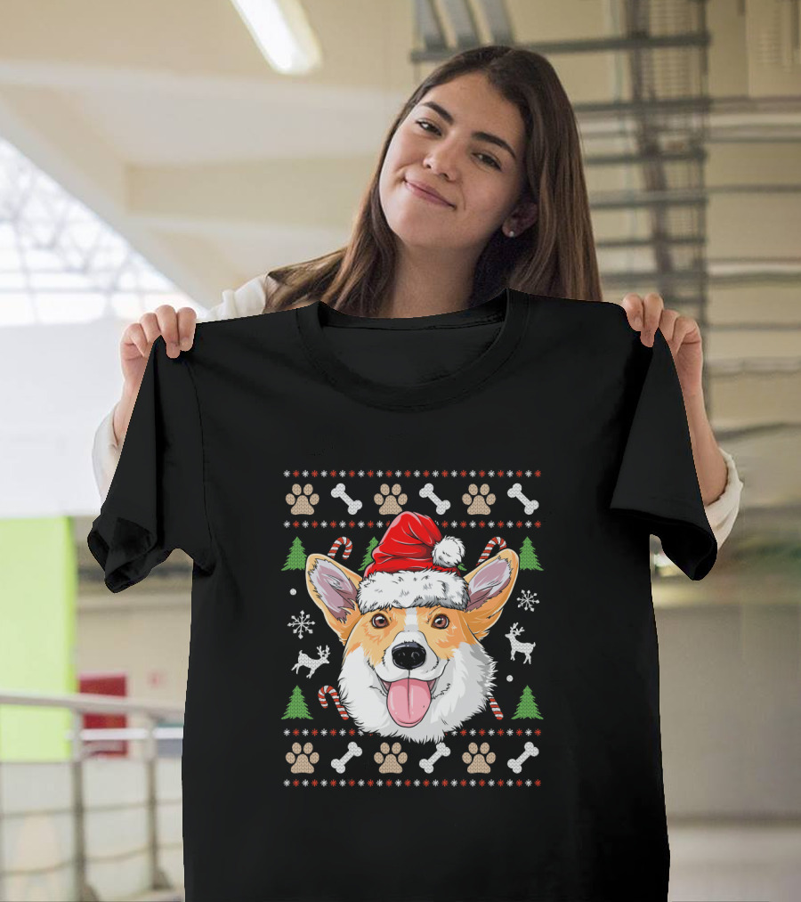 Corgi Santa Hat Ugly Christmas Sweater Dog Paw Candy Cane Snowflake T-Shirt