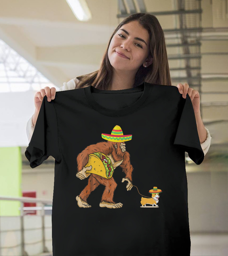 Bigfoot Holding Taco Walking Corgi Dog in Sombrero T-Shirt