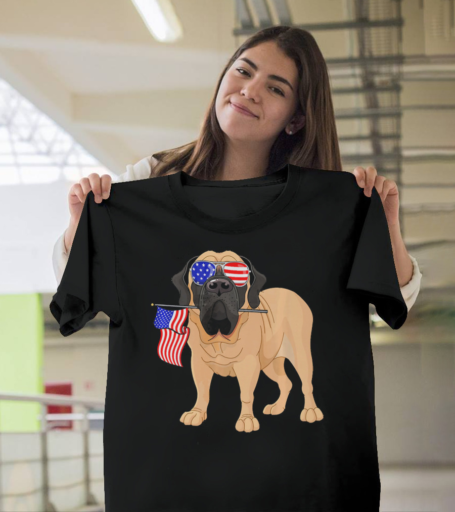 English Mastiff with American Flag and Patriotic Sunglasses for 4th of July T-Shirt