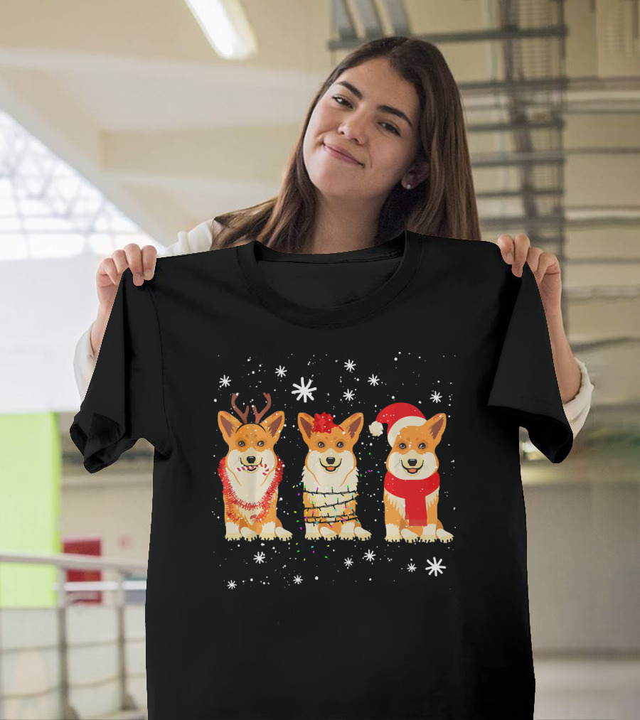 Christmas Three Cute Corgi Antlers Lights Santa Hat T-Shirt